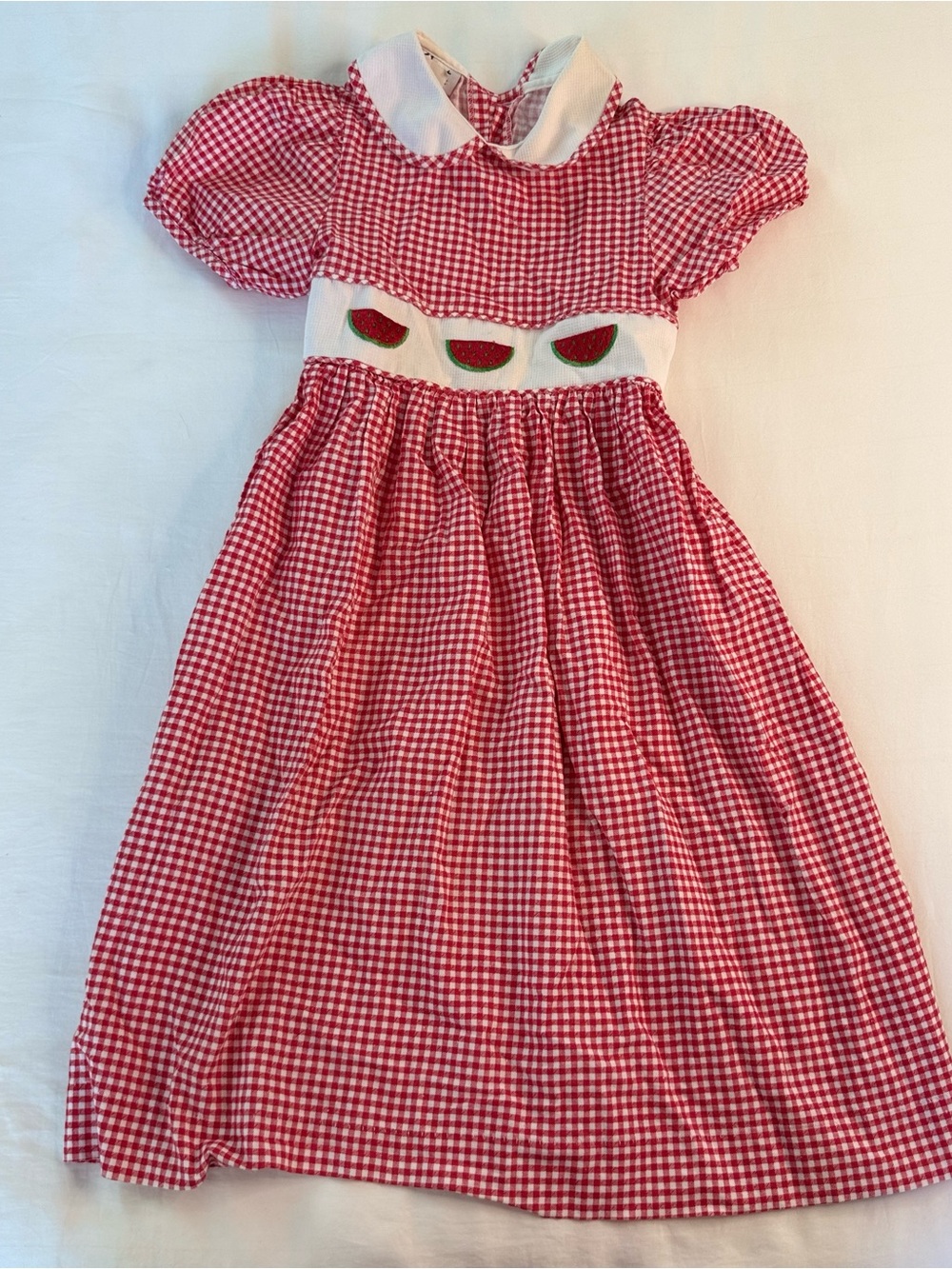 Vintage Red Gingham Peter Pan Collar Dress with Watermelon Applique